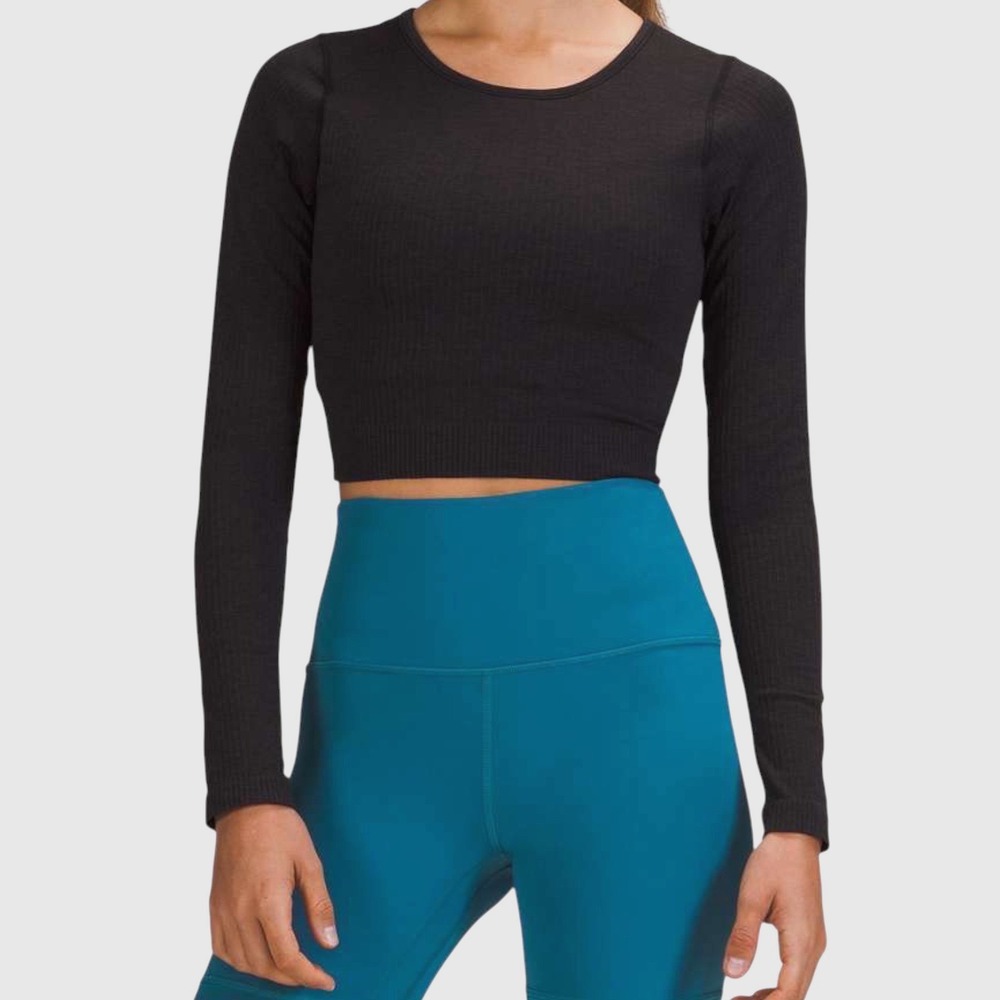 Lululemon Womens Ebb to Street Long Sleeve Shirt Ribbed Cropped Top‎ Black Sz 12
